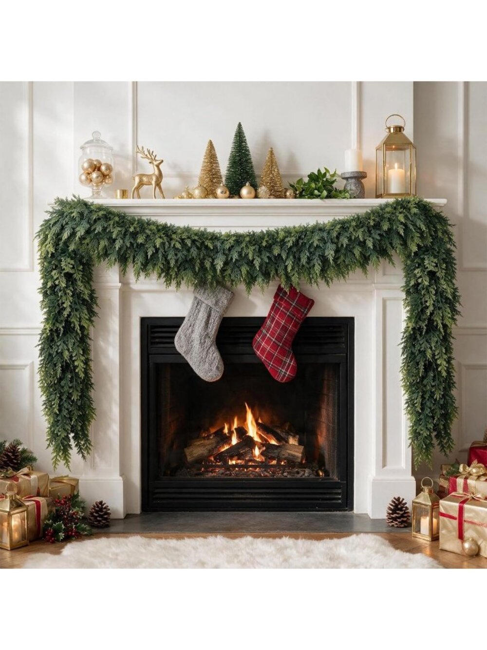 15FT Realistic Cedar Garland - Faux Pine Greenery for Holiday Decor, Mantle